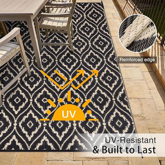 OLANLY Outdoor Rug 6x9 ft Waterproof, Outdoor Plastic Straw Rug with Geometric Pattern Clearance, Reversible RV Mat for Patio, Camping, Balcony, Deck, Backyard, Black & Beige