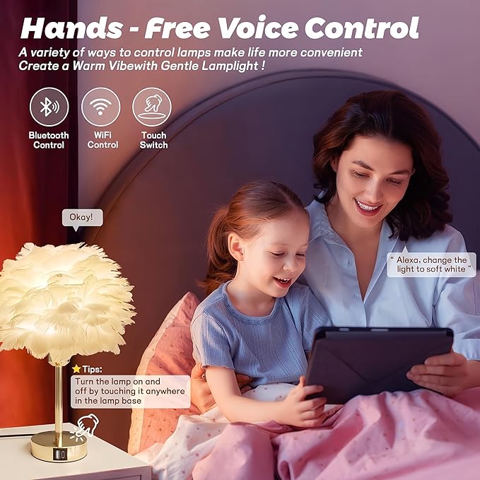 Smart Touch Control Bedside Table Feather Lamp Night Light with USB Charging for Girl, Baby, Alexa Voice Compatible, 9W 800LM Dimmable RGB Color Changing Lamp for Bedroom Nursery Desk Decor