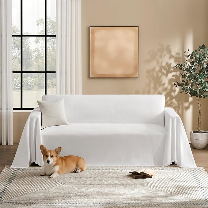 Couch Cover for Dogs Sectional Sofa Covers Washable for 3 Cushion Couch, Chenille Couch Cover Blanket, Sectional Sofa Slipcovers, Multi-Use Furniture Protector for Kids, Pets, 91" X150", White