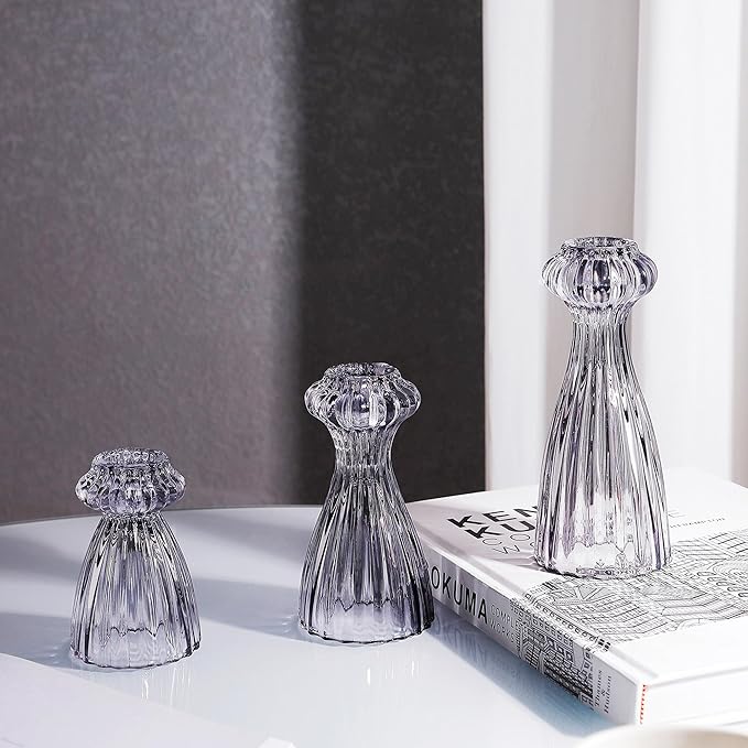 Lysenn Glass Candle Stick Holder Set of 6 – Premium Taper Candle Holders for Romantic Ambiance - Candle Sticks Holder Decor for Special Occasions - Smoke Gray