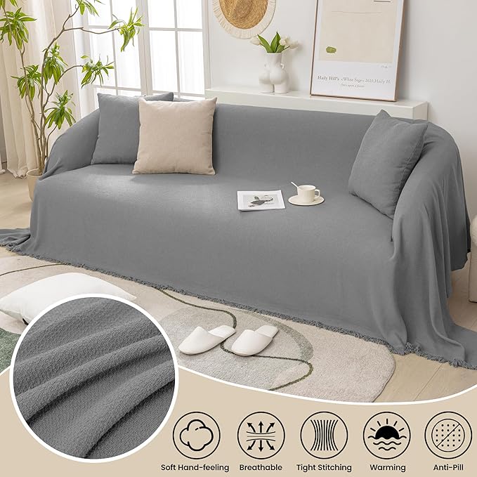 Couch Cover with Tassel for Sectional Couch Washable Stain-Resistant, Pet-Friendly Sofa Cover for L Shaped, Thick Soft Chenille Protector Sofa Slipcover for Dogs & Kids, Grey 71"x 134"