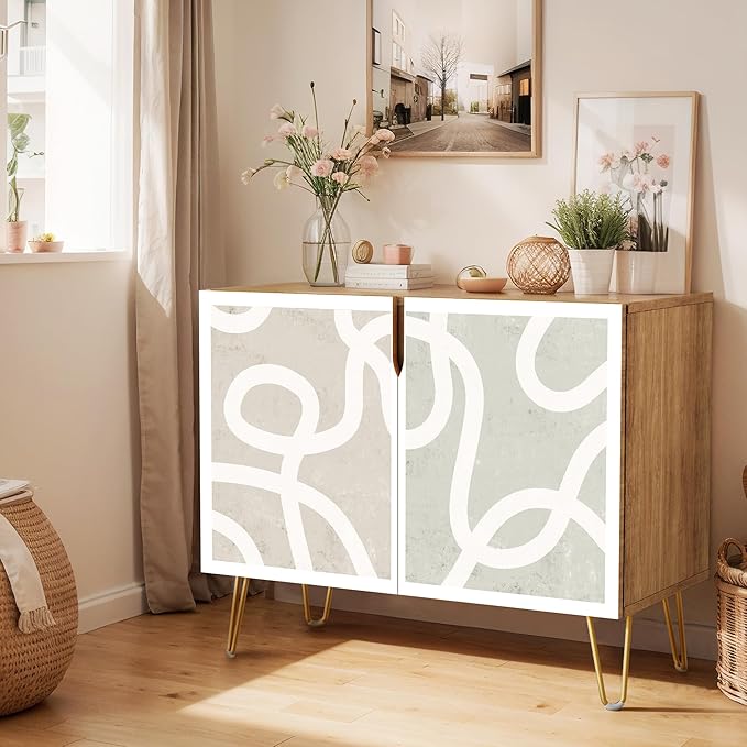 SIGNWIN Sideboard Buffet Cabinet, Kitchen Storage Cabinet with 2 Doors, Pastel Gray Geometric Line, Cupboard Console Table for Dining Room - 35" L x 18" W x 29" H