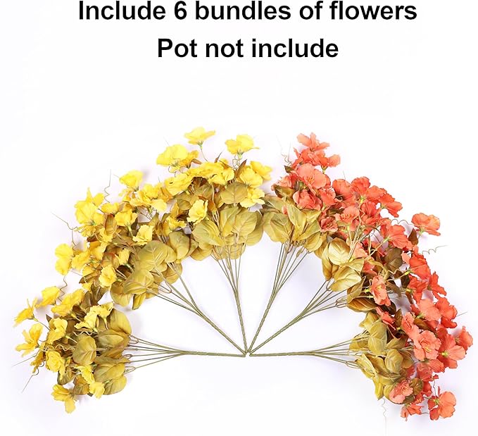 Fall Flowers Fake Flowers Mums for Outdoors Autumn Decoration, 6 Bundles Artificial Flowers Faux Silk Plants Realistic UV Resistant for Outside Planter Patio (Fall Yellow Orange)