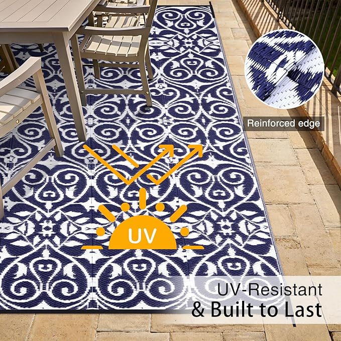 OLANLY Outdoor Rug Waterproof 9x12 ft Clearance, Reversible Outdoor Plastic Straw Rug with Floral Pattern, RV Mat for Patio, Camping, Balcony, Deck, Backyard, Navy & White