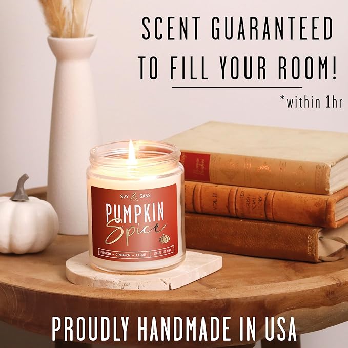 Pumpkin Spice Candle, Fall Candles - 'Pumpkin Spice' Pumpkin Candle I Infused w/Essential Oils I Autumn Scented Soy Candles for Home I Fall Home Décor I 9oz Reusable Jar, 50Hr Burn, Made in USA
