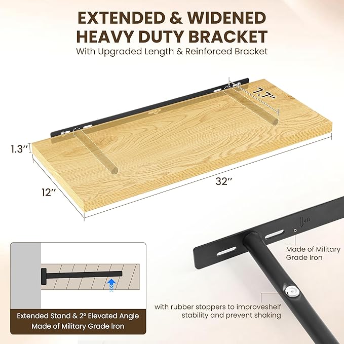 32" Floating Shelves for Wall, 12" Deep Slim Oak Floating Shelves, Wall-Mounted Shelves for Bedroom, Living Room, Kitchen, Bathroom - Set of 2