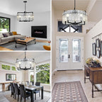 IKK Modern Black Crystal Chandeliers for Dining Room, Luxury Water Ripple Glass Light Fixture, Elegant Farmhouse Round Lighting for Kitchen Island, Bar Table, D20