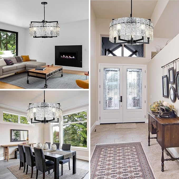 IKK Modern Black Crystal Chandeliers for Dining Room, Luxury Water Ripple Glass Light Fixture, Elegant Farmhouse Round Lighting for Kitchen Island, Bar Table, D20