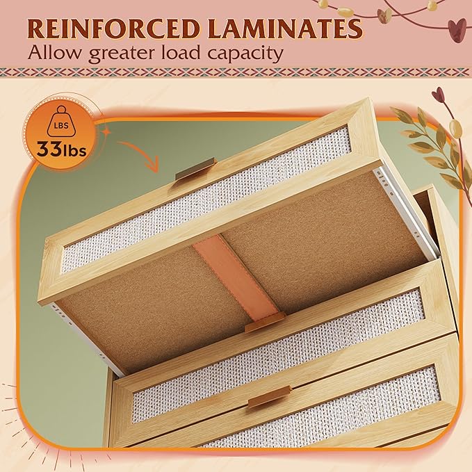 WLIVE Rattan Dresser for Bedroom, 4 Drawer Wood Boho Dresser Storage with Gold Metal Handle, Chest of Drawers for Living Room, Closet, Hallway, Light Oak