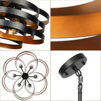 6-Light Modern Farmhouse Chandeliers for Dining Room, Rustic Multiple Rings Pendant Lighting, Industrial Metal Round Chandelier for Kitchen Entryway, Black with Gold Interior