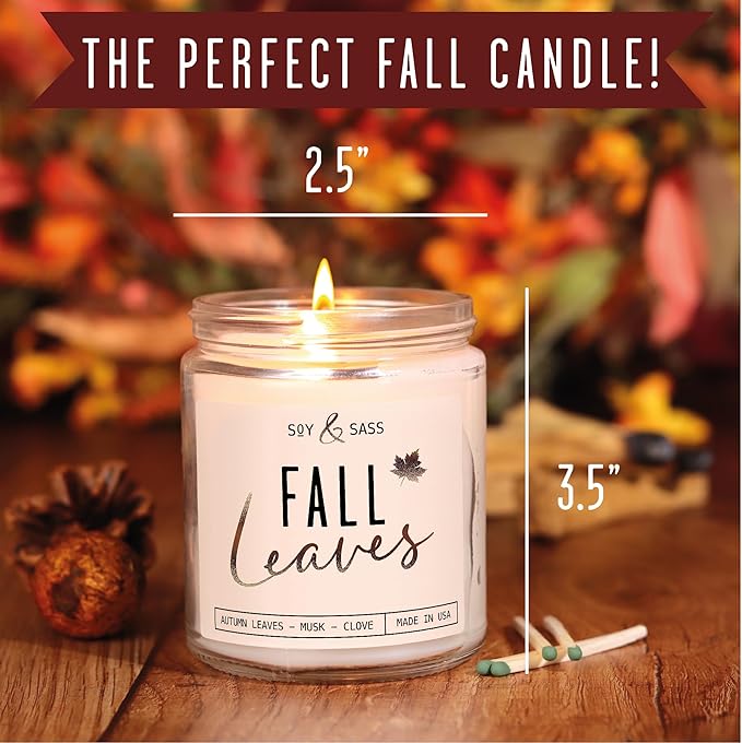 Fall Candles - 'Fall Leaves' Fall Candle w/Autumn Leaves, Clove & Musk I Infused with Essential Oils I Autumn Scented Candles I Cozy Cute Autmn Décor Gifts I 9oz Jar I 50Hr Burn I Made in USA