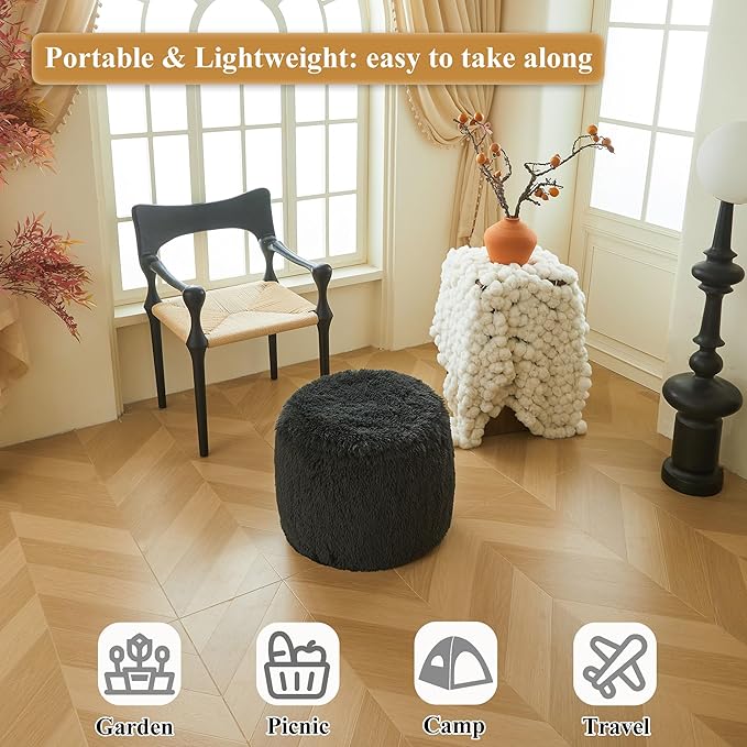 XeGe Fluffy Faux Fur Inflatable Pouf Ottoman, Cozy Shaggy Fuzzy Foot Stool, Furry Foot Rest Floor Pouf Anti-Slip, Foldable Round Ottoman Cushion for Living Room Bedroom Patio Dorm Desk, Dark Grey