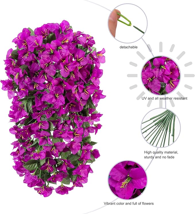 Faux Bougainvillea Artificial Flowers Plants for Outdoors Outside Decoration, 2 pcs Purple Fake Flowers UV Resistant Look Real Silk Long Trailing Vines for Front Door Porch Planter Urn Patio Garden