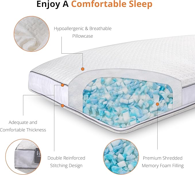 Shredded Memory Foam Pillows, Bed Pillows for Sleeping, Standard Pillow for Side Back Stomach Sleepers, Neck Support Pillow with Washable Removable Cover(28"x 16",1 Pack)