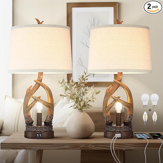 Rustic Table Lamps Farmhouse Antler Lamps Set of 2 Western Bedside Lamps for Bedroom with USB Charging Ports Nightlight,Vintage Resin Nightstand Table Lamps for Living Room (Bulbs Included)