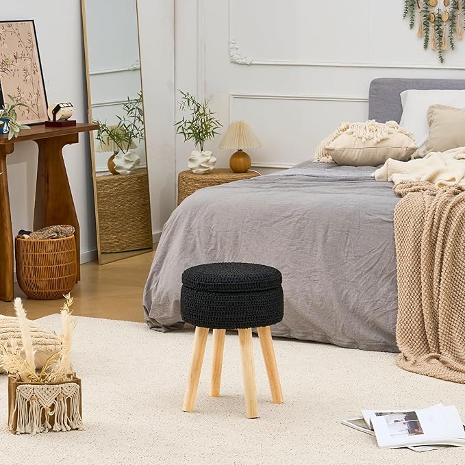 Wimarsbon Pouf Ottoman, 100% Cotton Knitted Boho Footstool, Round Footrest with Non-Skid Wood Legs, Home Décor Handmade Pouffe, Leisure Floor Step Stool for Living Room (High Storage Black)