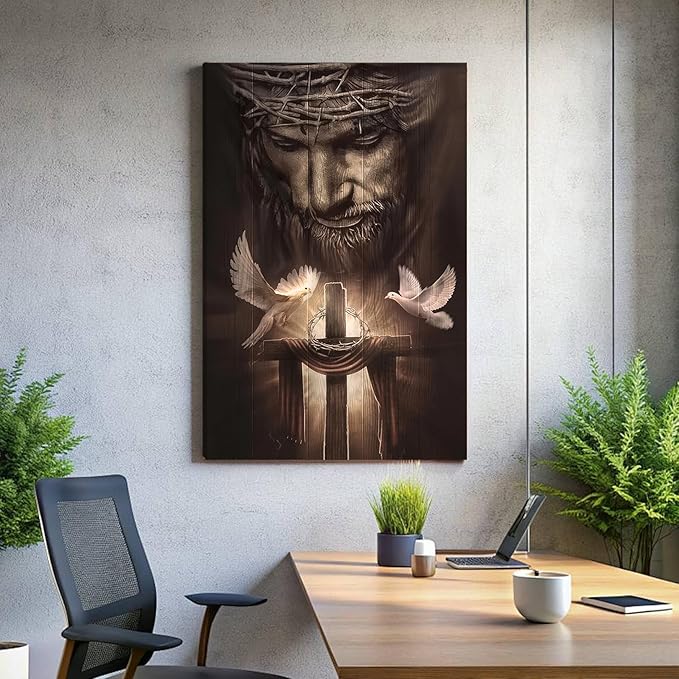 Fantasy Artists Framed Jesus Christ Canvas Wall Art The Cross and Peace Dove Christian Painting Prints Biblical Wall Decor Religious Room Decor for Church Prayer Room Schools Hospitals 24'' x 36''