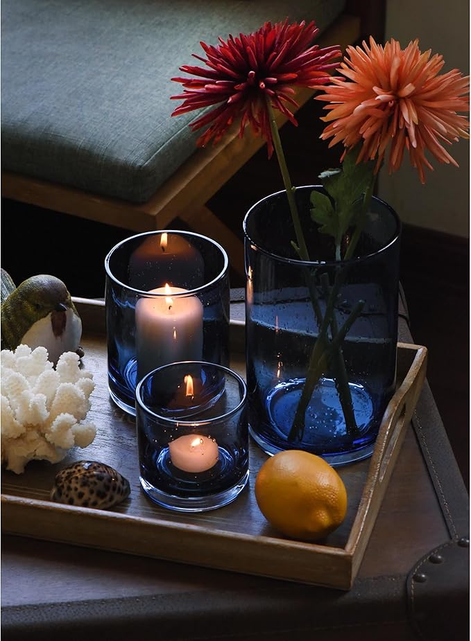 ARIAMOTION Blue Candle Holder for Pillar Set 3 Modern Glass Bubbles Hurricane Cylinder Vases Table centerpieces Home Decor Tabletop Kitchen Island Dining Room Coffee Bar 8" 5" 3.5" Height