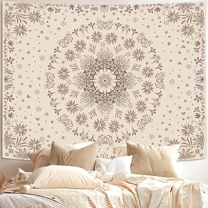 Fowocu Boho Floral Mandala Tapestry Wall Hanging Bohemian Flower Medallion Tapestry Aesthetic Beige Brown Hippie Indian Small Tapestries for Bedroom Living Room Dorm Decor 60 x 44 Inch