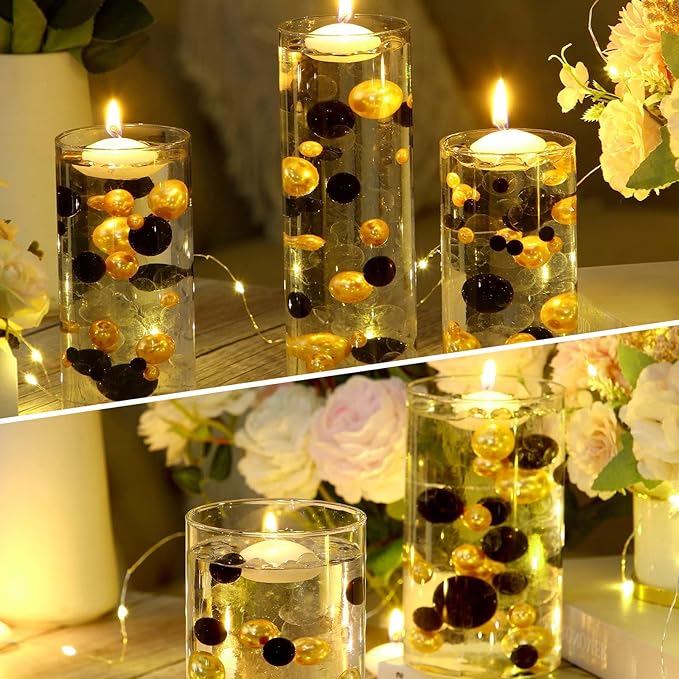 200PCS Black Gold Faux Pearls Beads for Centerpiece Vases, Vase Filler Faux Pearls, No Holes Filler Beads for Party Anniversary Birthday Wedding Table Decor, 10/14/20/30mm