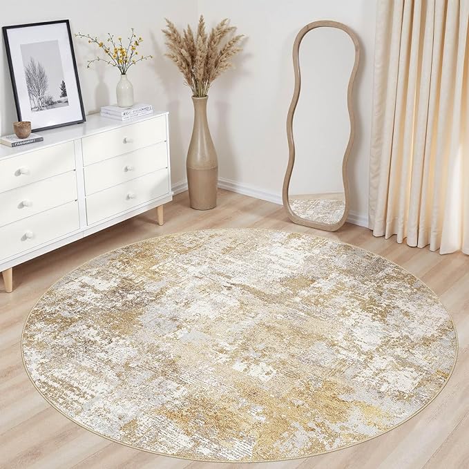 Tortania Washable 10' Round Area Rug for Living Room: Modern Abstract Neutral Large So' Thin Rugs - Non Slip Indoor Carpet for Bedroom Dining Room Office Nursery Home Floor Decoration - Brown Grey