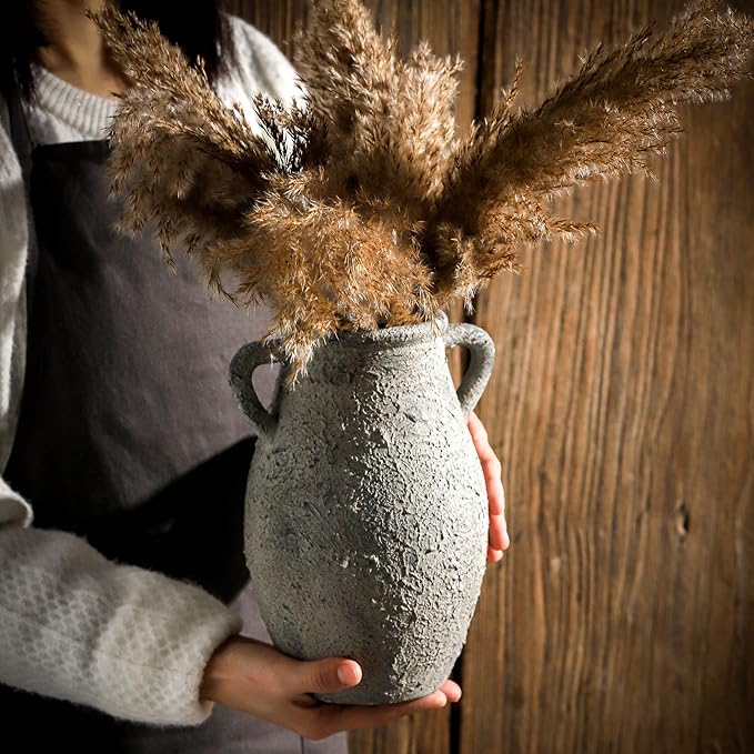 Ceramic Rustic Vase, 9.05 inch Farmhouse Flower Vase with 2 Handles, Decorative Pottery Flower Vases for Home Decor, Living Room Shelf Decor, Enterway, Table