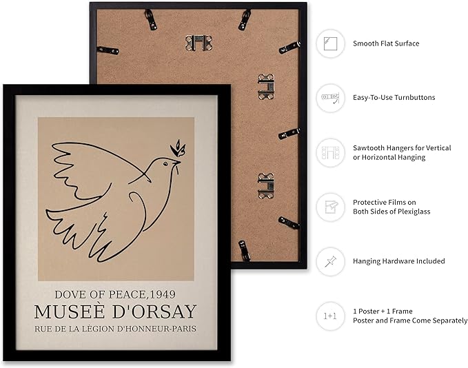 Poster Master Vintage Poster - Retro Minimalist Print - Gift for Artist, Friend - Dove Of Peace, Line Drawing, Sketch, Abstract - Wall Decor for Living Room, Bedroom, 8x10 Black Framed