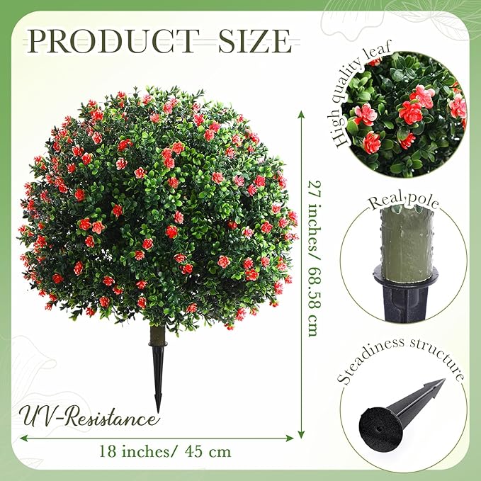 Yunlly Set of 2 Artificial Boxwood Topiary Ball Tree Fake Bushes Shrubs Outdoor Faux Plant with Ground Spike Flowers UV Resistance Greenery for Front Porch Garden Patio Indoor(Red,27x18inch)