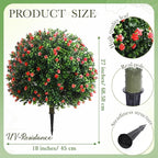 Yunlly Set of 2 Artificial Boxwood Topiary Ball Tree Fake Bushes Shrubs Outdoor Faux Plant with Ground Spike Flowers UV Resistance Greenery for Front Porch Garden Patio Indoor(Red,27x18inch)