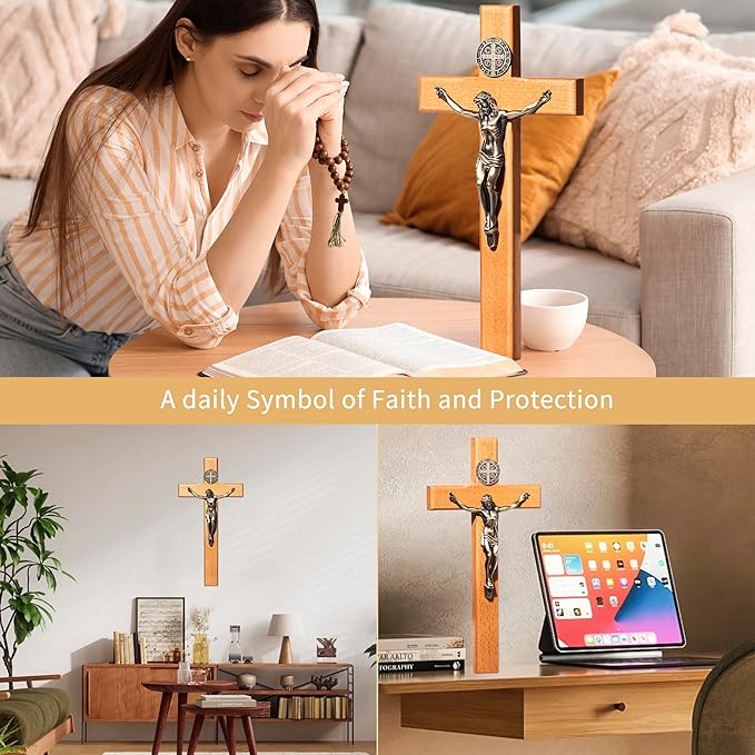 ACHIBANG 10" Crucifix Wall Cross Catholic, Wooden Wall Cross with Jesus and Saint Benedict Medal for Home or Prayer Room, Catholic Gifts