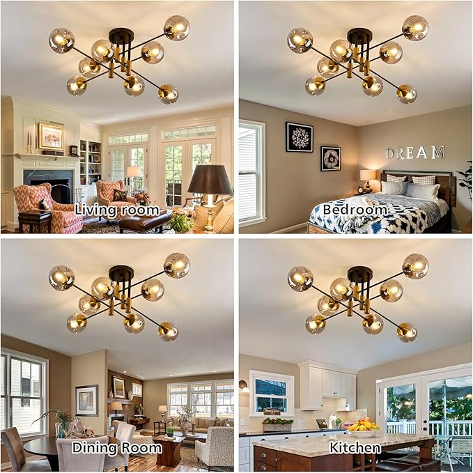 SZXYKEJI 8 Light Glass Globe Ceiling Light Black and Gold Mid Century Flush Mount Sputnik Light Fixture Bubble Chandelier Living Room Farmhouse for Dining Room Kitchen Bedroom.