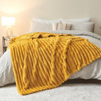 NEWCOSPLAY Super Soft Throw Blanket Mustard Yellow Premium Silky Flannel Fleece 3D Ribbed Jacquard Lightweight Bed Blanket All Season Use (Mustard Yellow Ribbed, Throw(50"x60"))