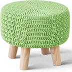 Wimarsbon Pouf Ottoman, 100% Cotton Knitted Boho Footstool, Round Footrest with Non-Skid Wood Legs, Home Décor Handmade Pouffe, Leisure Floor Step Stool for Living Room (Matcha)