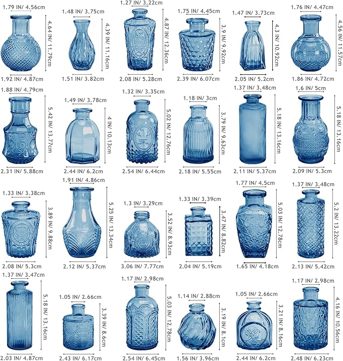 Blue Bud Vases in Bulk 24, Vintage Small Vases for Flowers, Mini Glass Vase for Centerpieces, Wedding Table Decoration, Party Event, Decorative Vase Set for Home Decor, Baby Shower, Office
