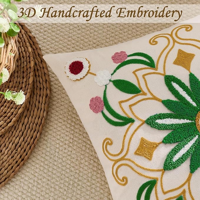 Embroidered Throw Pillow Cover 18x18 Classic Boho Floral Pattern Pillows Cover Outdoor Decorative Pillowcase,Durable Cozy Textured Cushion Case for Sofa Couch Bed Living Room,Green Yellow