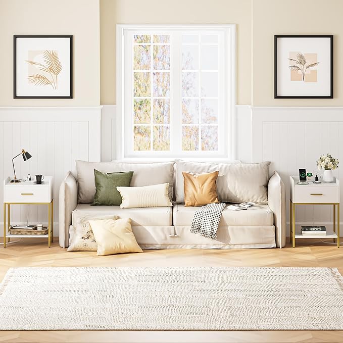 Masupu Nightstand with Charging Station,3-Tier Modern Bedside Night Stand with Storage Drawer and Shelf,Small End Side Table for Bedroom,Living Room,White