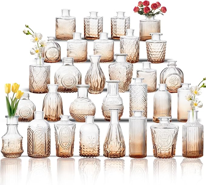 Glass Bud Vase Set of 30, Small Flower Vases, Glass Vases for Centerpieces, Vintage Home Table Decorations Bud Vases (30 Pcs, Amber)