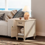 WAMPAT Beige End Table with Charging Station, Wooden Side Table with Storage Cabinet & Drawer, Elegant Nightstand with Power Outlets & USB Ports for Bedroom, Living Room
