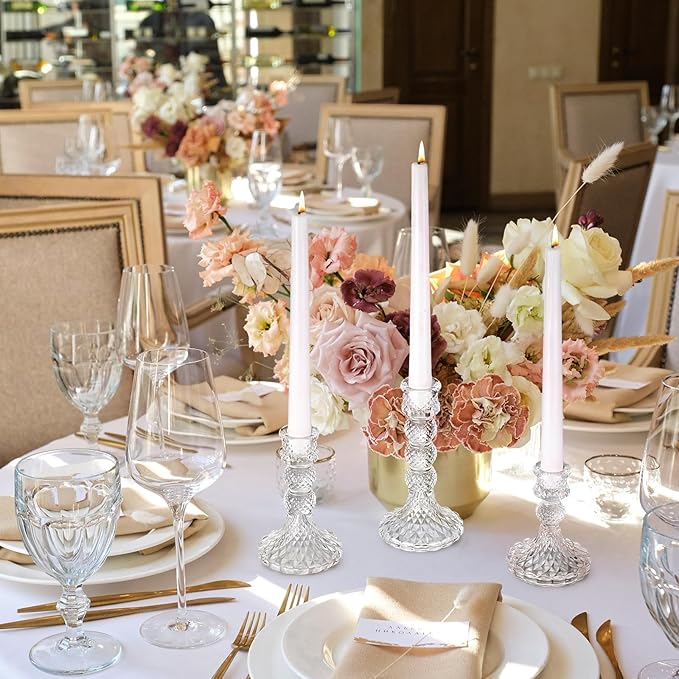 Mumufy 12 Pack Glass Taper Candle Holders Clear Candlestick Holder Fit 0.8 Inch Candles 4'' 6'' 8'' Tall Crystal Decorative Candlestick Stand Centerpiece for Table Wedding Dining Party (Vintage)