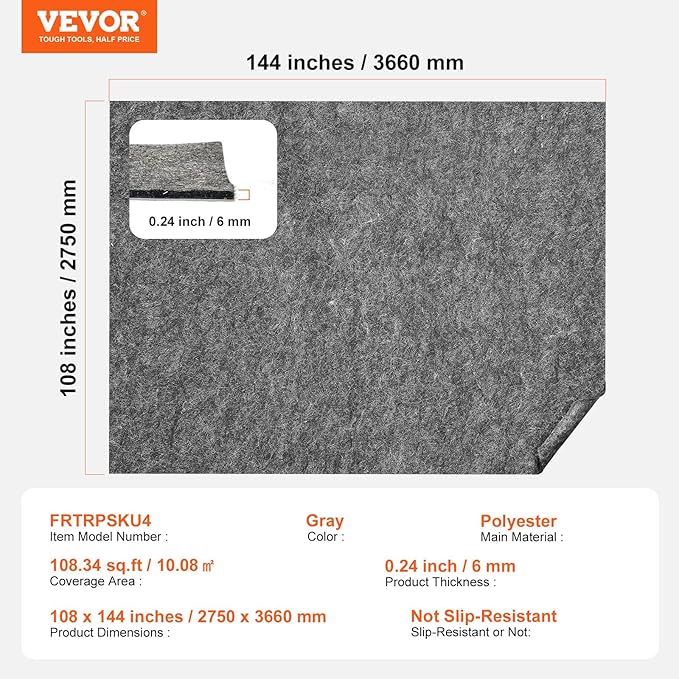 VEVOR Rug Pad Without Slip Resistance, Protective Cushioning Carpet Pad, 9' x 12', 1/4"Thick, 100% Pure Polyester Felt, 10-11㎡ Premium Comfort Underfoot Carpet Padding Rug Cushion for All Floors, Gray