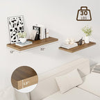 32" Floating Shelves for Wall, 12" Deep Slim Walnut Floating Shelves, Wall-Mounted Shelves for Bedroom, Living Room, Kitchen, Bathroom - Set of 2