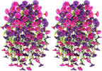 Ivydale 2 PCS Artificial Hanging Flowers Fake Plants Outdoor,Silk Morning Glory Faux Flowers with Eucalyptus Leaf,UV Resistant Realistic Hanging Petunias Plants for Home Garden Decor (Purple+Fuchsia)