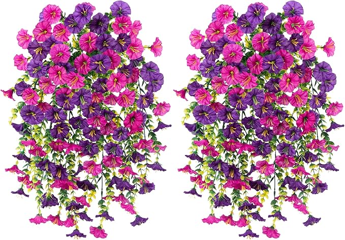 Ivydale 2 PCS Artificial Hanging Flowers Fake Plants Outdoor,Silk Morning Glory Faux Flowers with Eucalyptus Leaf,UV Resistant Realistic Hanging Petunias Plants for Home Garden Decor (Purple+Fuchsia)