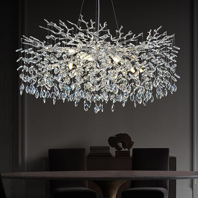 Modern Crystal Chandeliers for Dining Room, 40" Round Silver Tree Branches Chandeliers, Large Dining Room Over Table Chandeliers Lights Fixture, Branches and Crystals Ceiling Light Fixtures