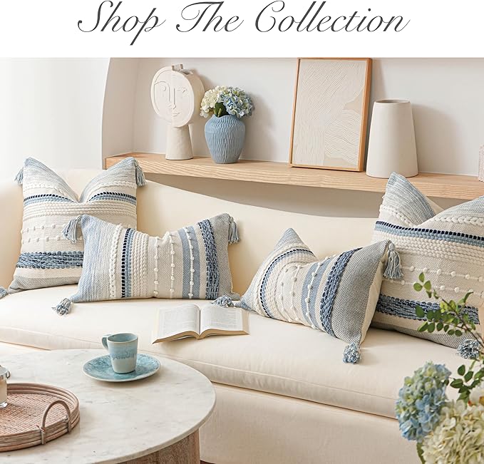 BlissBlush Coastal Blue Boho Decorative Throw Pillow Cover 18x18 Modern Bohemian Accent Pillow Case Square Woven Textured Farmhouse Pillows for Couch Bed (Pack of 1)