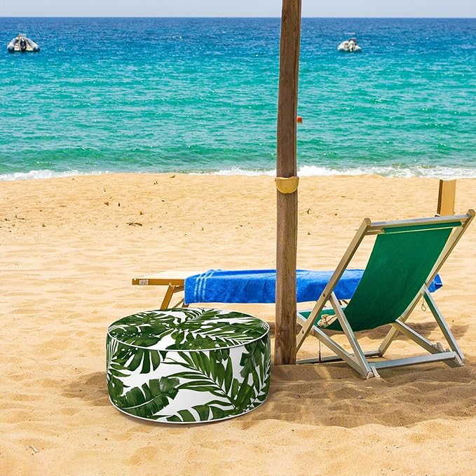 Inflatable Ottoman Stool D21 xH9 for Outdoor/Indoor Use, Water Repellent Patio Foot Rest Stool with Portable Handle,Round Pouf Ottoman Suitable for Garden,Deck and Camping - Palm Green