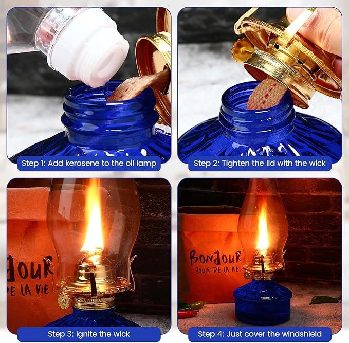 Tuanse 2 Pcs Oil Lamps for Indoor Use Vintage Hurricane Emergency Glass Oil Lamps Large Lantern Classic Decorative Oil Lamp for Home Tabletop Emergency Lighting Supplies(Royal Blue)