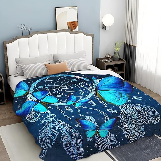 Blue Butterfly Blanket for Womens Girls Dream Catcher Throw Blanket Gifts for Kids Boys Soft Warm Cozy Flannel Blanket for Couch Sofa Bed 40"x50"