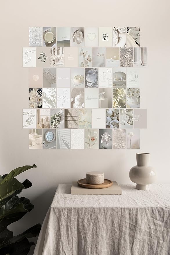 TwoDays Vanilla Girl Aesthetic Room Decor, Clean Girl Aesthetic Wall Collage Kit Pictures for Dorm, Neutral Posters, Cream Wall Art Prints for Bedroom.(Set of 50, 4" × 6")