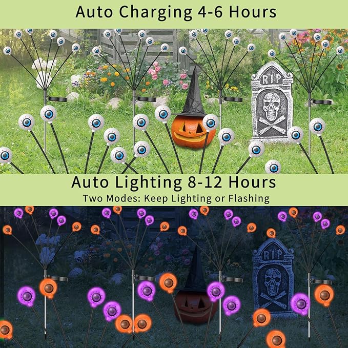VOTTGO Halloween Solar Lights Outdoor, 8 Pack 48LED Scary Solar Eyeball Pathway Lights, 2 Modes Waterproof Swaying Solar Firefly Lights for Garden Yard Pathway Halloween Decorations, Purple + Orange